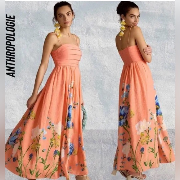 Anthropologie Ruched-bodice Floral Midi Dress In Orange SMALL - Picture 2 of 6